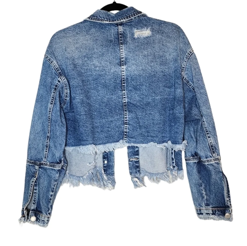 Zara Freyed Hem Distressed Denim Blue Jean‎ Jacket Size Small Hi-Low Crop